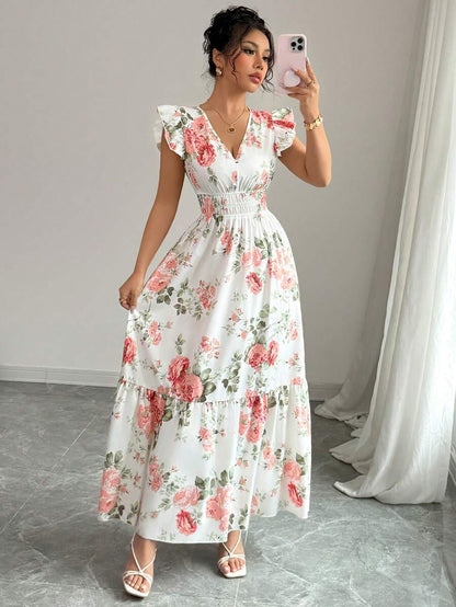 Women's Fashionable Elegant And Sophisticated Printed Dress With Ruffled Sleeves