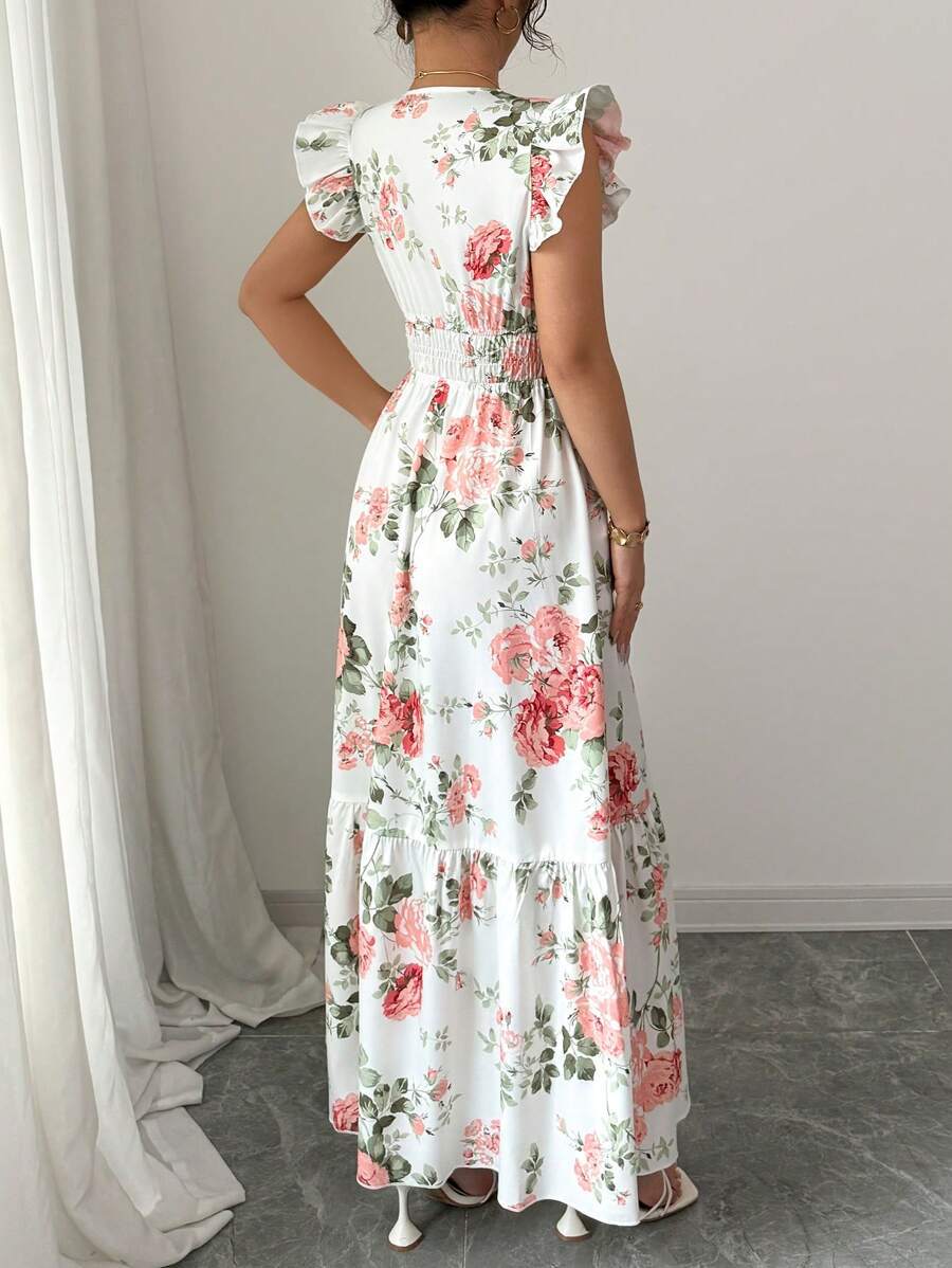 Women's Fashionable Elegant And Sophisticated Printed Dress With Ruffled Sleeves