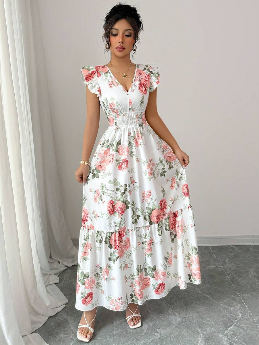 Women's Fashionable Elegant And Sophisticated Printed Dress With Ruffled Sleeves