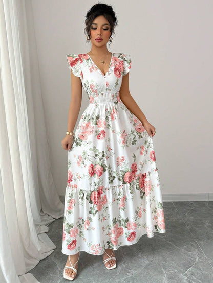 Women's Fashionable Elegant And Sophisticated Printed Dress With Ruffled Sleeves