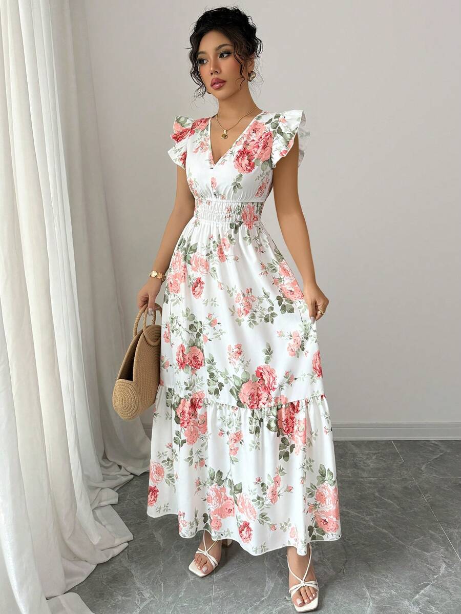 Women's Fashionable Elegant And Sophisticated Printed Dress With Ruffled Sleeves