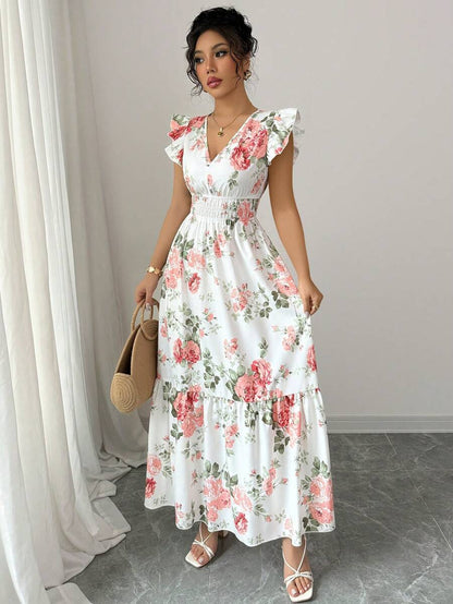 Women's Fashionable Elegant And Sophisticated Printed Dress With Ruffled Sleeves