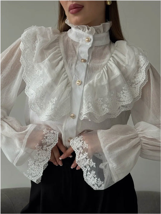 Stand-collar Chiffon Top With A Fashionable Design And Ruffled Hem