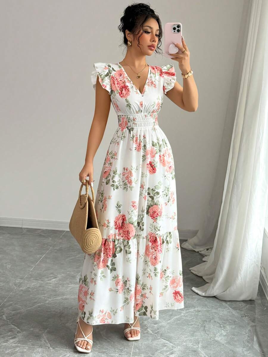 Women's Fashionable Elegant And Sophisticated Printed Dress With Ruffled Sleeves