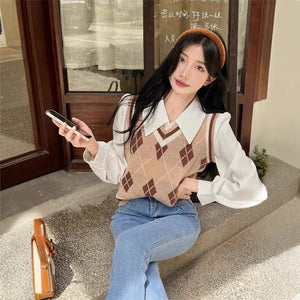 French-style Vintage White Polo-collar Long-sleeve Shirt