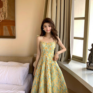 Fresh And Sweet Floral Splicing Travel Print Dress