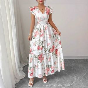 Women's Fashionable Elegant And Sophisticated Printed Dress With Ruffled Sleeves