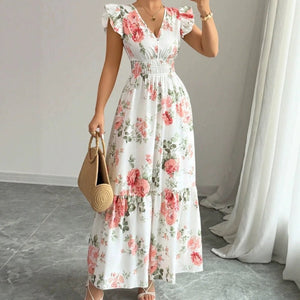 Women's Fashionable Elegant And Sophisticated Printed Dress With Ruffled Sleeves